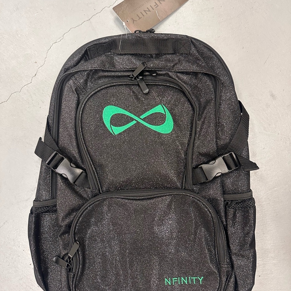 NFINITY Black glitter CHEER Backpack with Vibrant Green Logo
